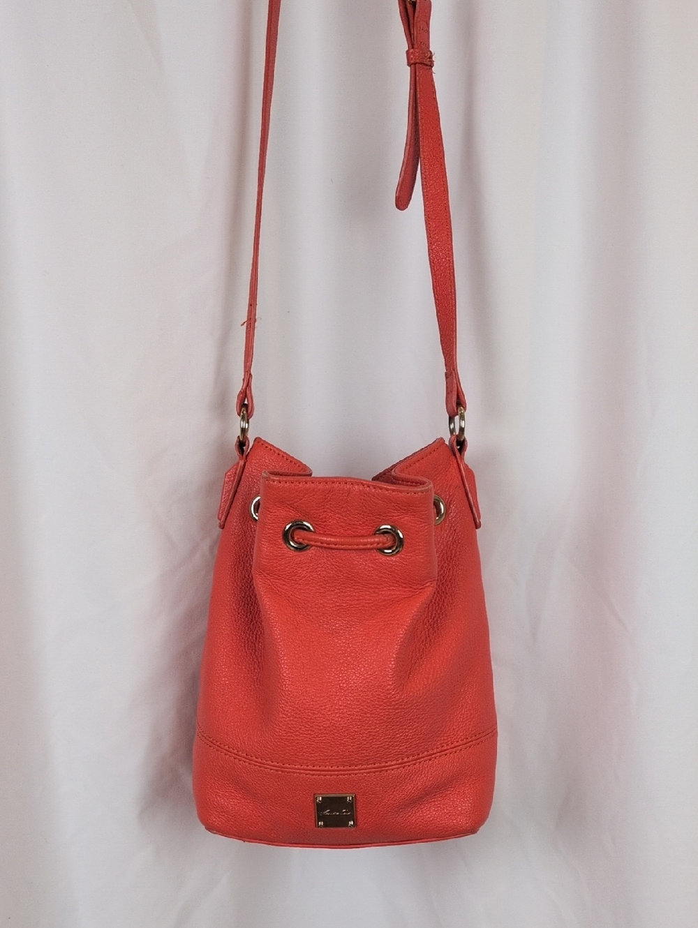 Kenneth Cole Orange Pebbled Leather Drawstring Bucket Crossbody Bag